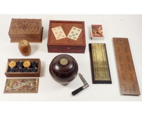 A playing card box and various treen