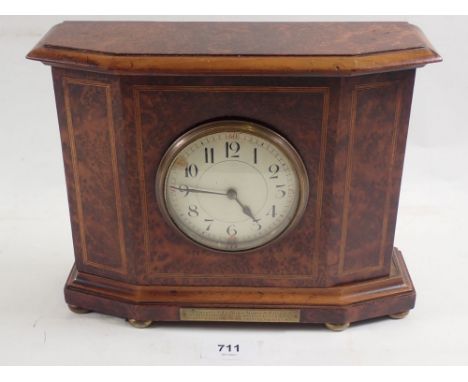 An early 20th century burr walnut mantel clock - base detached 
