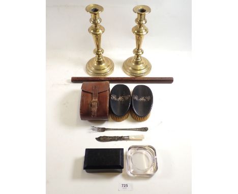 A pair of Georgian brass candlesticks, 25cm a cylindrical rosewood rule, pair of ebony brushes with silver initials etc.