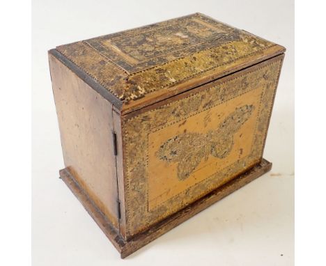 A Tunbridge Ware small cabinet of drawers decorated butterfly - in poor condition, 17cm x 14cm 