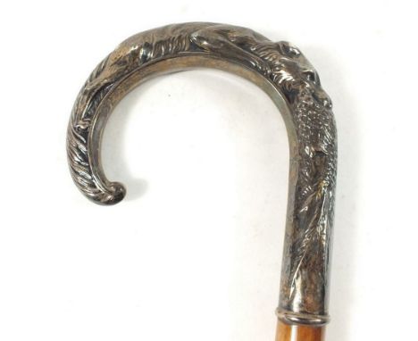 A silver handled walking stick on the form of a fox and pheasant, Birmingham 1985 by B &amp; Co.