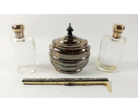 A silver tea caddy, 186g, two silver topped toiletry jars and a comb a/f 