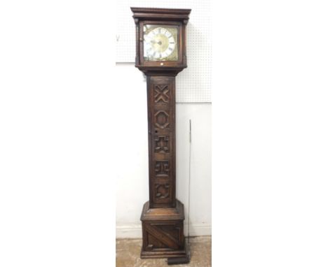 An 18th century 30 hour single hand longcase clock of small proportions with 19th century Jacobean style carved oak case, 180