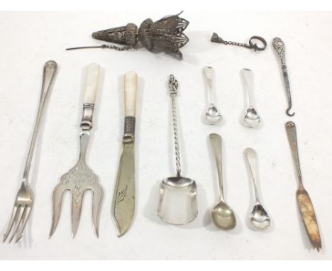 A group of silver plated cutlery, white metal filigree posy holder and silver handled button hook 