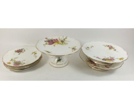 A Royal Worcester dessert service painted sprays of flowers comprising a tall comport, two low comports (one a/f) and four pl