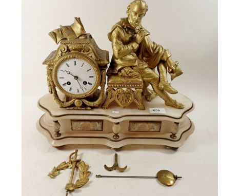 A French 19th century alabaster mantel clock with gilt spelter figure of Shakespeare, 34cm high 