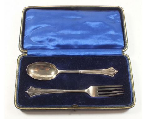 A silver christening spoon and fork cased, London 1919 