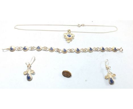 A continental suite of jewellery comprising   earrings, bracelet and necklace plus a part Georgian mourning jewellery item 