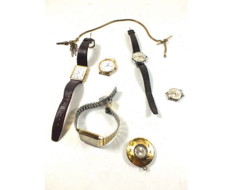 A box of various wrist watches including Rotary and Samsung plus a fob chain and watch keys 