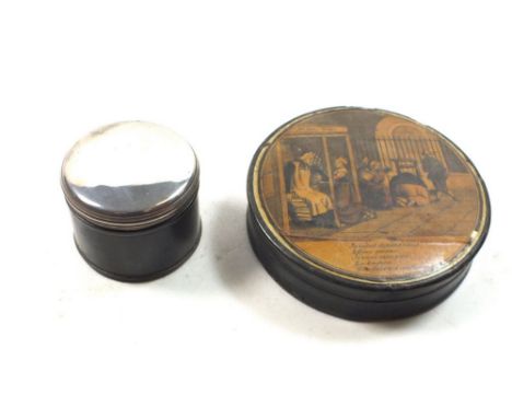 A 19th century lacquer snuff box with engraved print to lid 'Mr Bon Temps' and a circular dressing table pot 