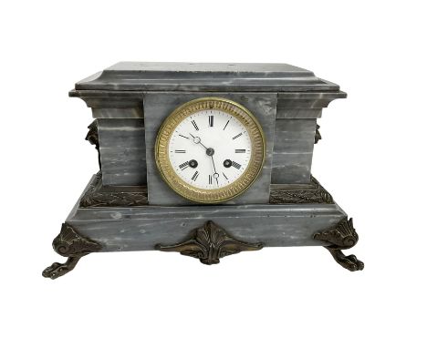 French -  8-day grey slate marble mantle clock c1890, flat topped break front case on a rectangular plinth raised on paw feet