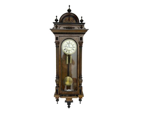 German - late 19th century mahogany 8-day Vienna regulator, with an arched pediment with turned finials, fully glazed door fl
