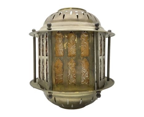 Early 20th century brass hall lantern, of hexagonal form, the pierced brass sides and gallery enclosing six moulded foliate a