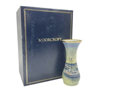 Moorcroft enamel vase, decorated with moored boats, in fitted box, H8cm