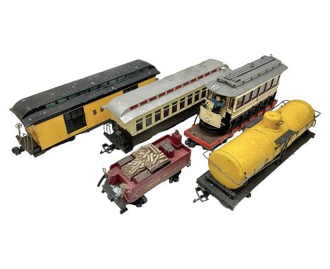 Six Bachmann G scale, gauge 1 rolling stock wagons and carriages, including tram coach, log carrier and tanker, etc, all unbo