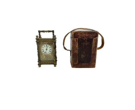 French - Edwardian timepiece 8-day carriage clock with original case, highly ornate brass case with filigree panels and shape