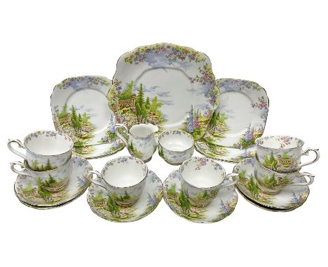 Royal Albert Kentish Rockery pattern tea service for six, comprising teacups and saucers, dessert plates, cake plate, milk ju