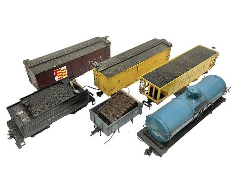 Six G scale, gauge 01 rolling stock wagons, to include tank waggon, coal waggons etc 