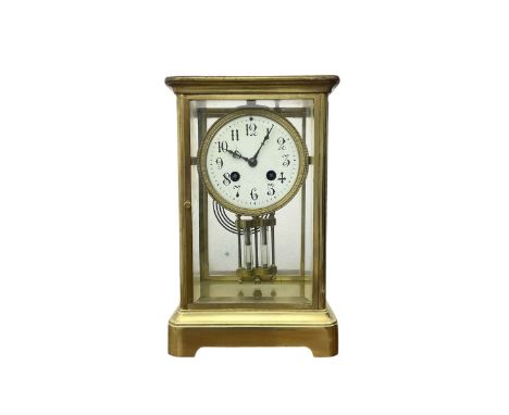 French - Edwardian 8-day four glass clock c1910, corniche style case and mercury pendulum with twin mercury glass files, enam