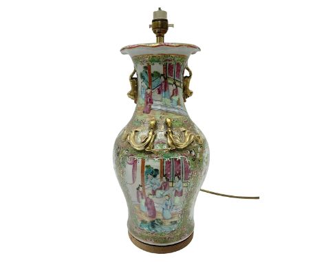 19th century Chinese Canton Famille Rose vase, decorated with figural panels against floral and foliate scroll ground, conver