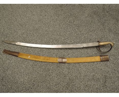 A Indian WWI Period Dress Sword, engraved blade with Made in India, wood and cloth scabbard, blade length 77cm, overall lengt