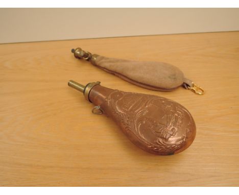 A Copper Powder Flask decorated Alamo and a leather Shot Flask being full