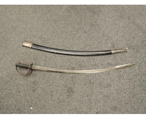 An Indian Calvary Sword having decorated curved blade, wood and wire grip with pierced guard, blade length 78cm, overall leng