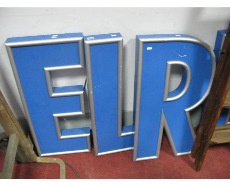 Four Large Blue Perspex Letters, with illuminated facility for wall advertising, including 'R', 'E', x 2 'L'.
