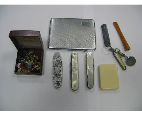 A Multi Blade Folding Pocket Knife, with mother of pearl scales, Colmans Mustard advertising pocket knife, assorted pin badge