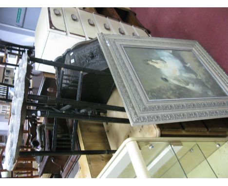 A Late XIX Century Carved Oak Coal Scuttle, together with a brass Indian tray,stand and a print T. Wessler, The Puppets.(3)