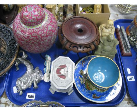 An Oriental Ginger Jar, soft metal dragon lighter, Buddha's, Indian box, etc:- One Tray