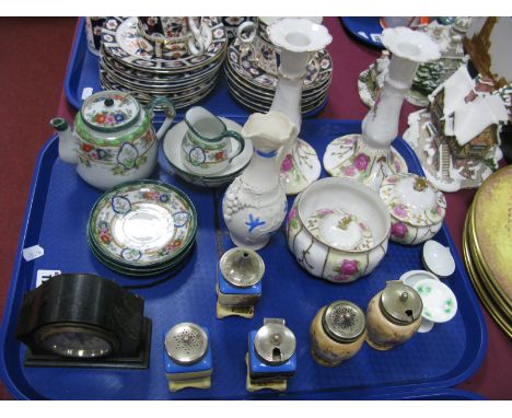 Decorative La Seynie Limoges Part Dressing Table Set, including candlesticks; together with a miniature part tea set, two cru