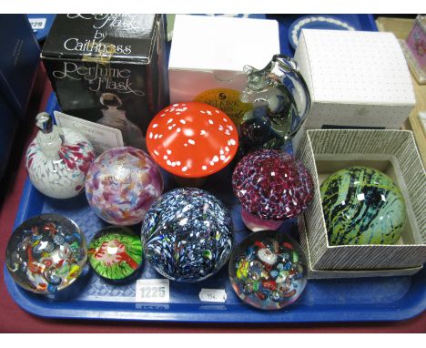 A Caithness 'Katie' Perfume Flask, Mdina, Isle of Wight, and other glass paperweights:- One Tray