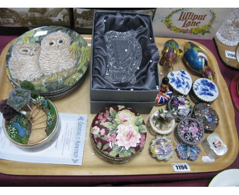 Six Wedgwood Baby Owls Collectors Plates, Old Tupton ware, enamel and stone set trinket boxes, Waterford Crystal harp etc:- O