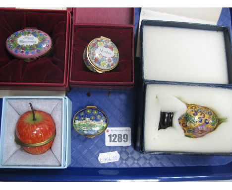 Halcyon Days Enamel 'Apple' Box, a commemorative box for  Q.E.II Golden Jubilee, two Staffordshire enamels boxes and a decora