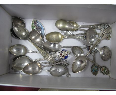 A Collection of Assorted Souvenir Teaspoons, including hallmarked silver, enamel example "Plaza de Armas Santiago, "Canada" s