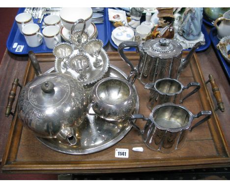 A Plated Tray, Britania metal three piece tea service, teapot, sugar bowl. 