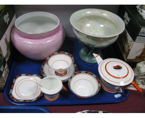 A Shelley Art Deco China Individual Tea Service, of six pieces 11875 numbered, 'Moiré Antique' jardiniere, Walter Slate 8306 