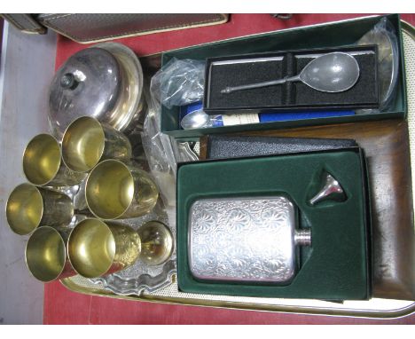 A Whisky Flask, cased cutlery, plated ladle, letter opener, etc:- One Tray