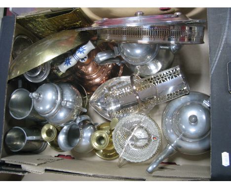 A Pewter Tea Service, copper kettle, tankards etc:- One Box