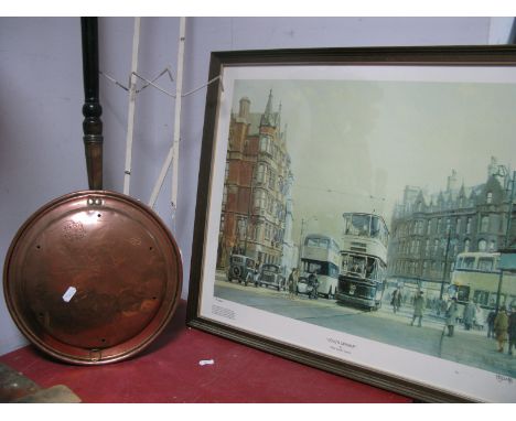 A Folding Metal Plate Rack, a XIX Century copper warming pan with ebonised handle; Peter Owen Jones, 'Cole's Corner' limited 