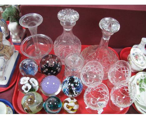 Ships and Bulbous Decanters, Edwardian etched posy, Phoenician, Caithness, Eirian and other paperweights etc:- One Tray