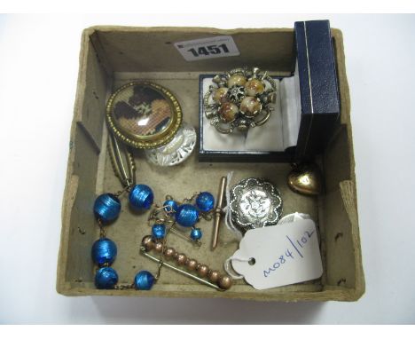 A 9ct Gold T-bar Pendant, costume brooches, engine turned locket pendant, heart locket, etc.