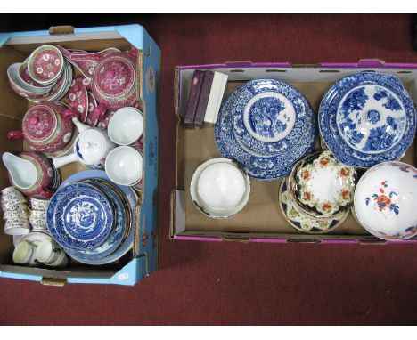 A Willow Pattern Blue and White Tureen, blue and white plates, Chinese style tea service etc:- Two Boxes