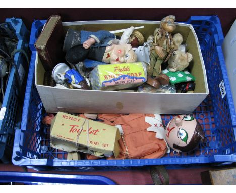 A Wooden Jointed Puppet on Strings, Marx Geppetto bendy toy, china figures, animals, plus other items.