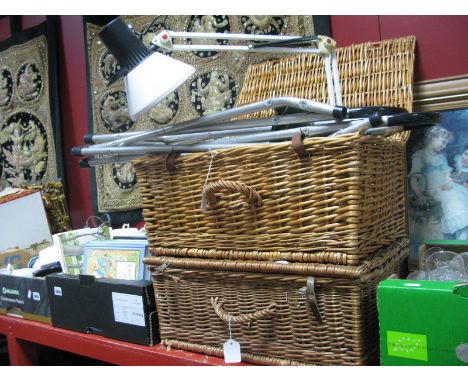 A Picnic Set, (woodworm noticed),  folding chairs, angle poise lamp, wicker hamper.