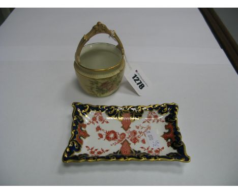 A Royal Crown Derby Imari Porcelain Rectangular Pin Tray, an early XX Century Royal Worcester blush ivory basket, puce mark. 