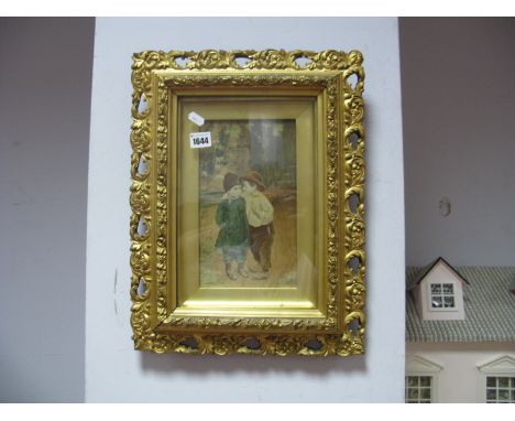 M. Vunsh XIX Century Print of a Boy and Girl Talking, in a gilt frame with foliage decoration.