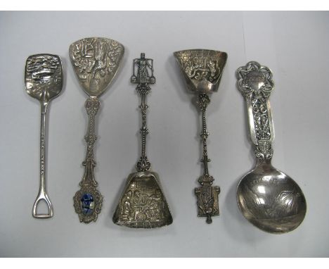 A Norwegian Souvenir Spoon, "Geiranger" Dutch style caddy spoons, etc. (5)