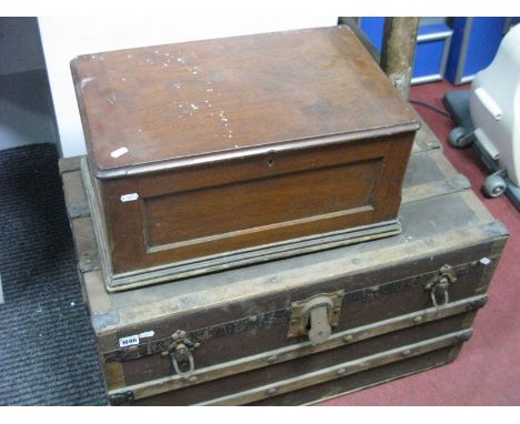 A Metal Bound Travel Trunk, with wooden slats and a mahogany box. (2)